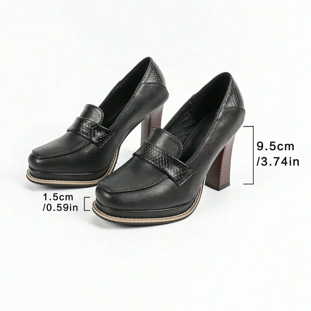 Black Elegant Women's Waterproof Wood Grain Slip-On Pumps